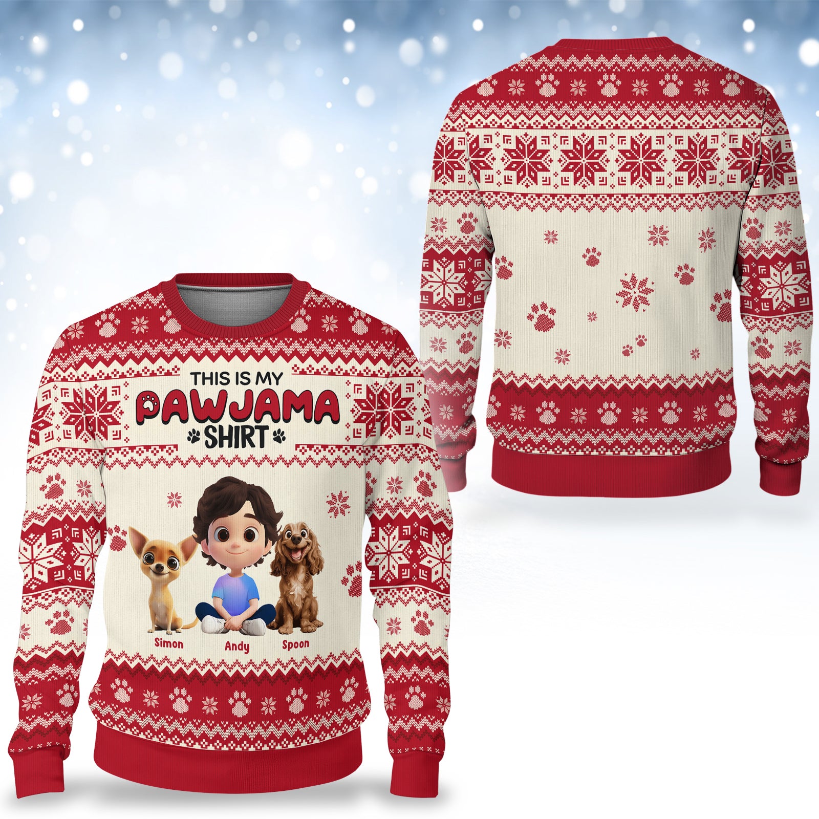 Personalized ugly Christmas sweater featuring custom design with cute pets and festive patterns