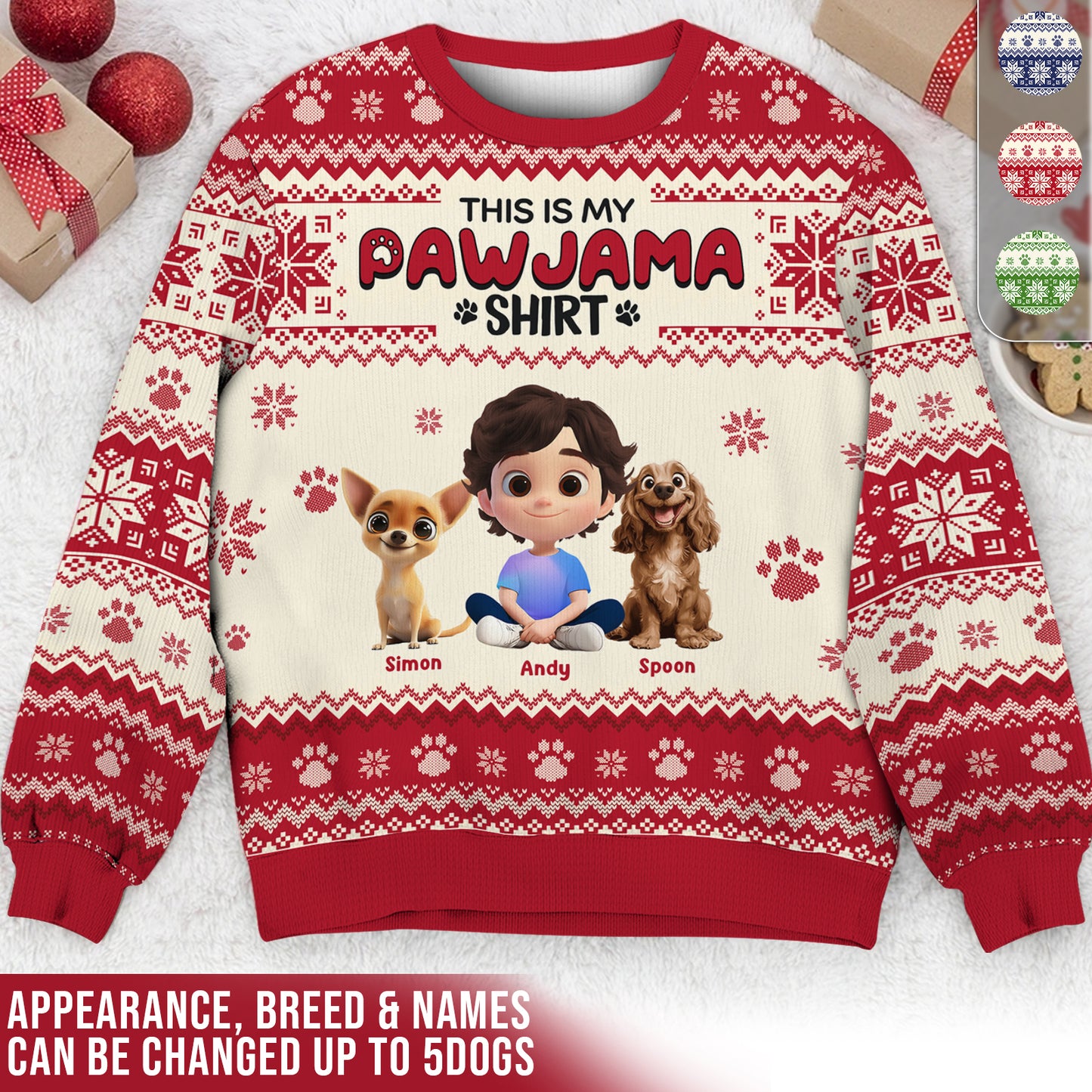 Personalized ugly Christmas sweater featuring customizable names and dog breeds for festive fun