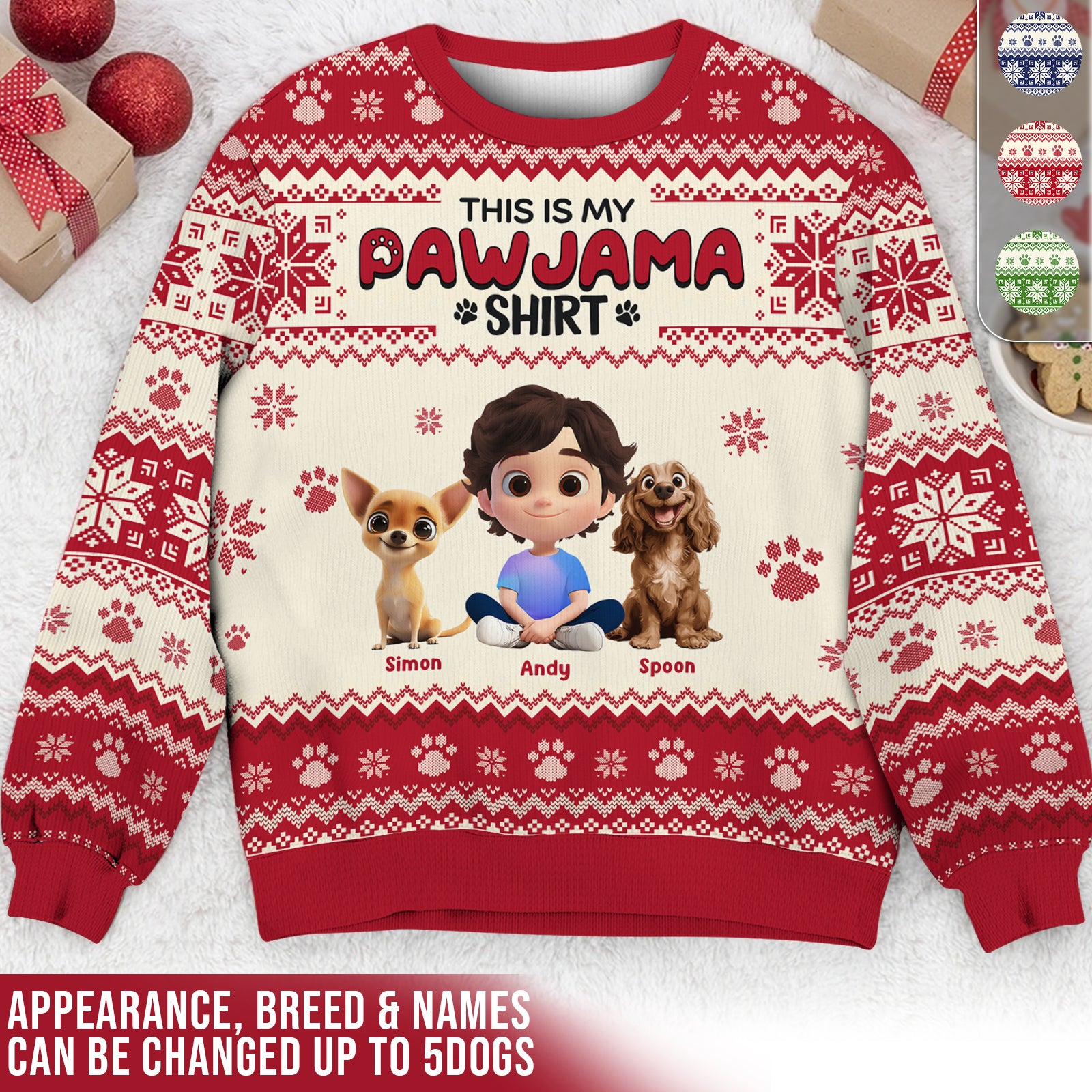 Personalized ugly Christmas sweater featuring customizable names and dog breeds for festive fun