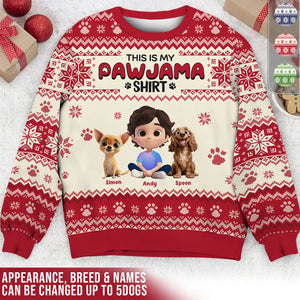 Personalized ugly Christmas sweater featuring customizable names and dog breeds for festive fun