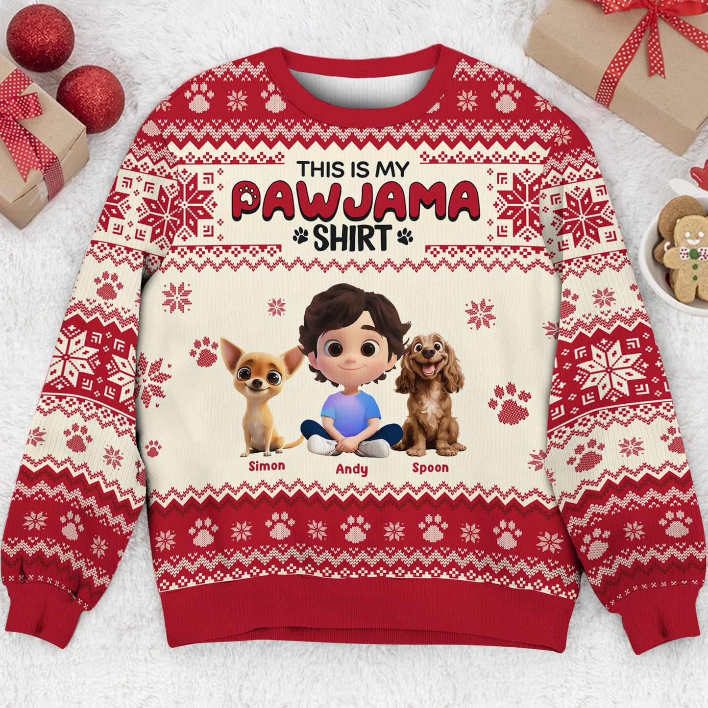 Personalized ugly Christmas sweater featuring a child and two dogs in festive design