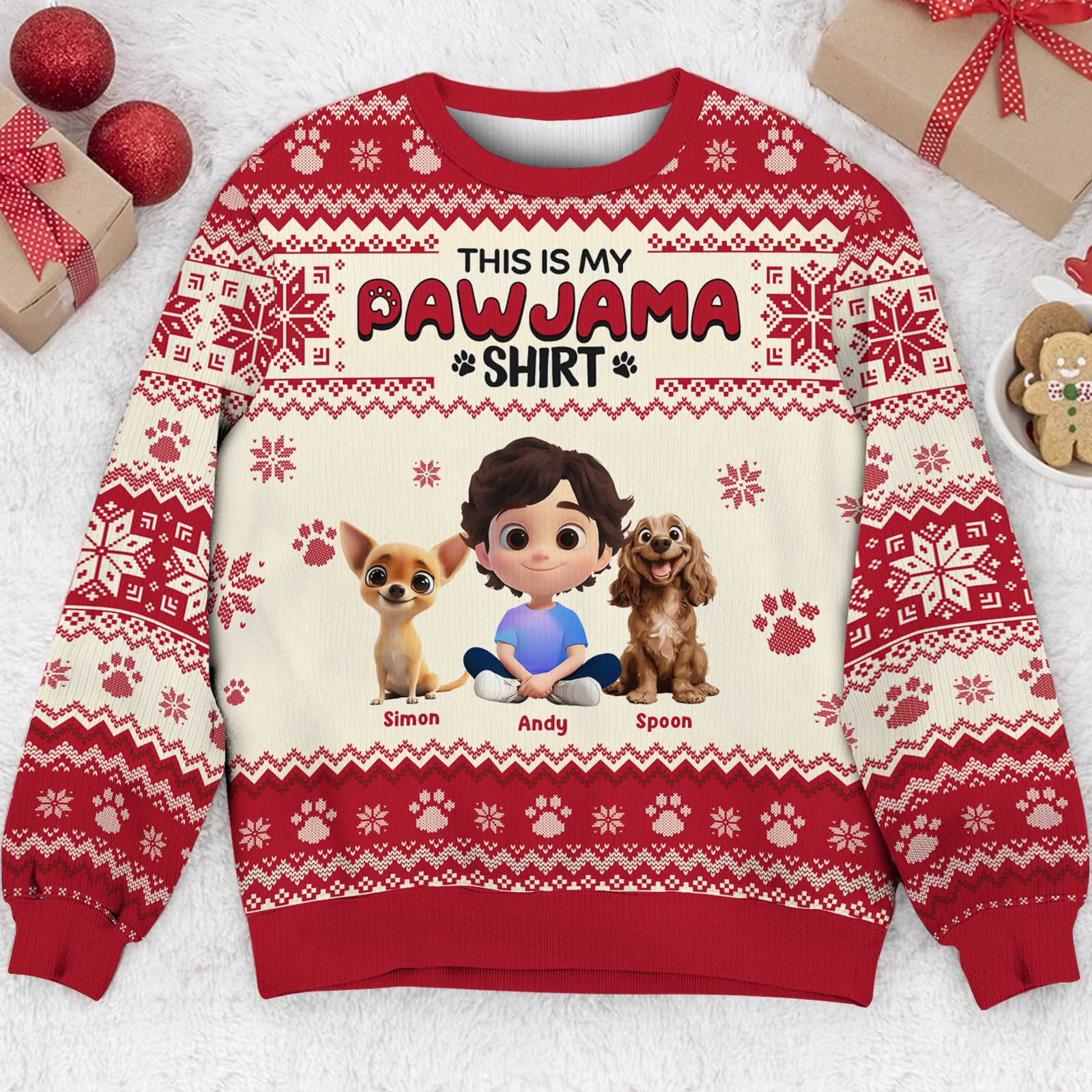 Personalized ugly Christmas sweater featuring a child and two dogs in festive design