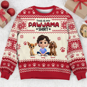 Personalized ugly Christmas sweater featuring a child and two dogs in festive design