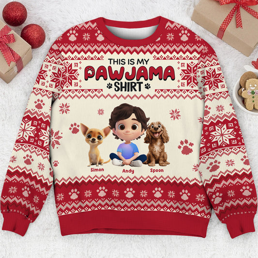 Personalized ugly Christmas sweater featuring a child and two dogs in festive design