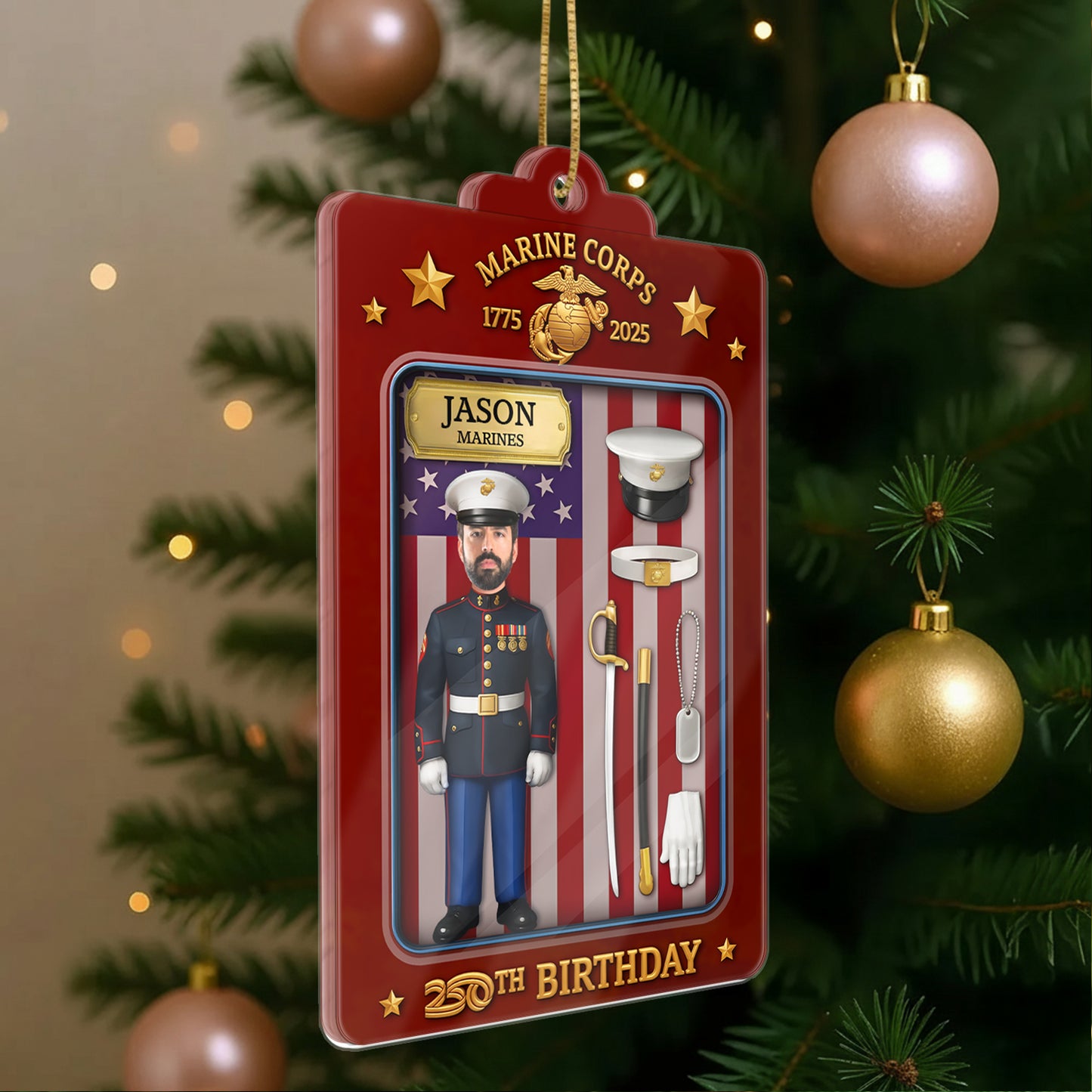 Personalized US Marine Corps ornament featuring a customizable figure and festive design for celebrations