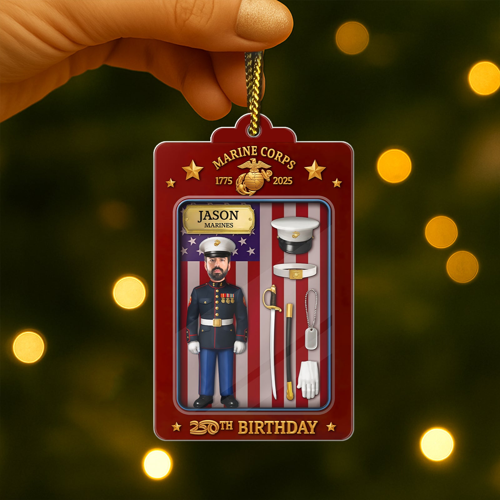 Personalized US Marine Corps ornament featuring a custom figure and patriotic design for special occasions