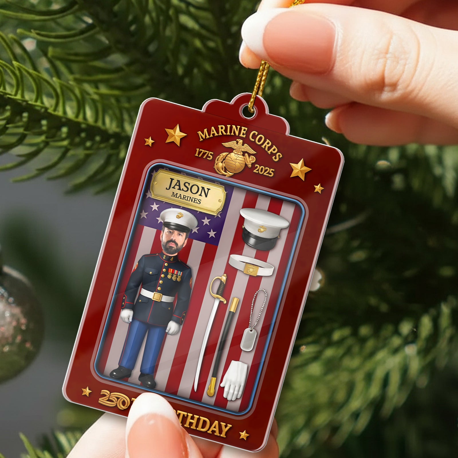Personalized US Marine Corps ornament featuring custom name and military design for special occasions