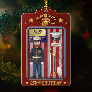 Personalized US Marine Corps ornament featuring a Marine figure and birthday details for a special celebration