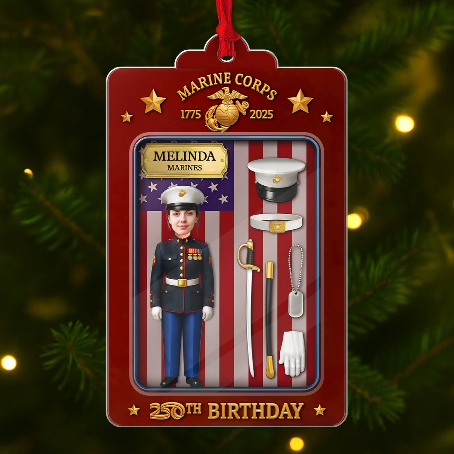Personalized US Marine Corps ornament featuring a Marine figure, flag, and birthday decor