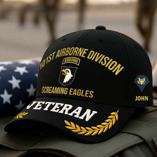 Personalized veteran cap featuring 101st Airborne Division design and embroidered details