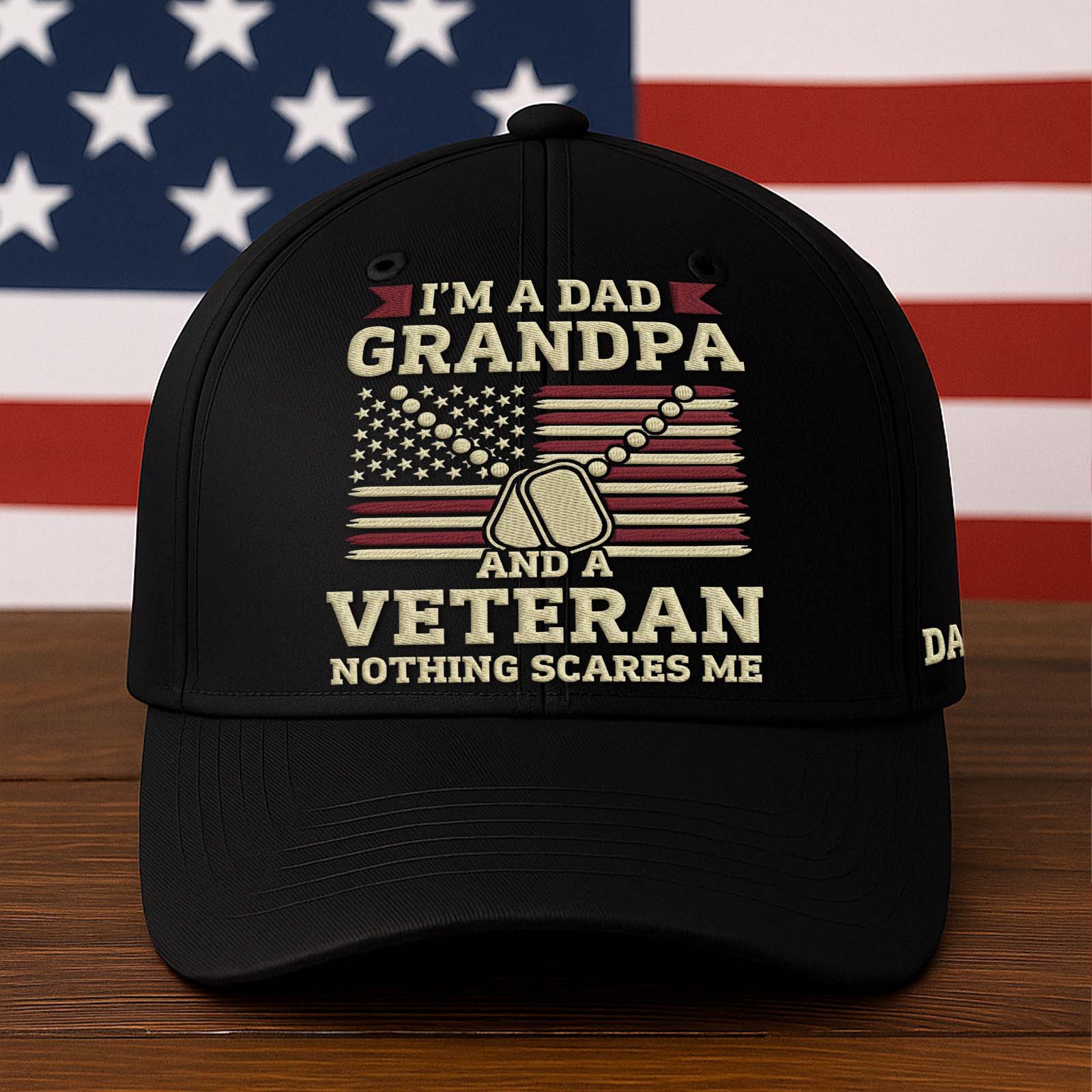Personalized veteran dad cap with patriotic design and text for proud veteran grandpas
