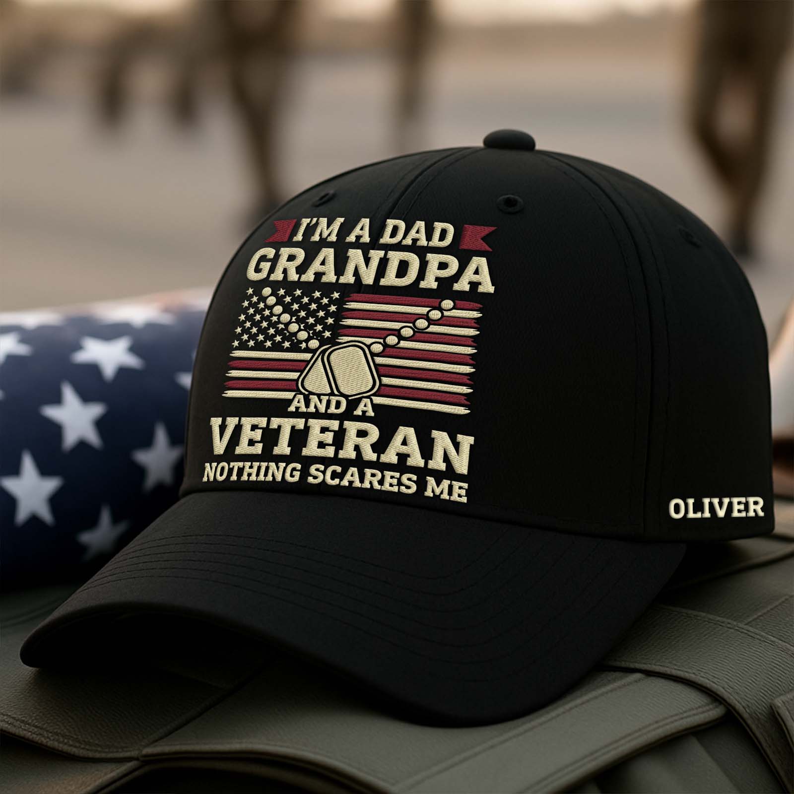 Black baseball cap that reads I'm a Dad Grandpa and a Veteran personalized veteran dad cap