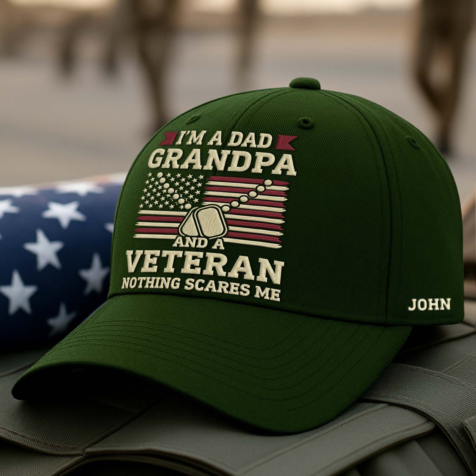 Personalized veteran dad cap in green with patriotic lettering and design celebrating veterans