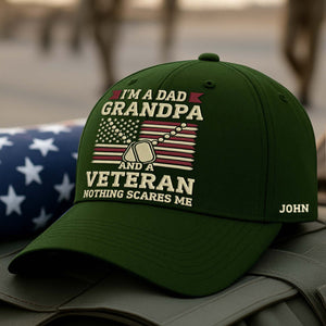 Personalized veteran dad cap in green with patriotic lettering and design celebrating veterans