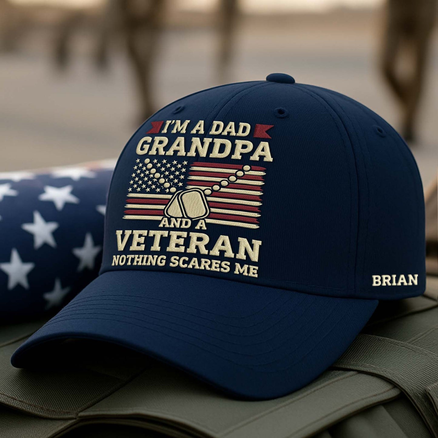 Personalized veteran dad cap with patriotic design and custom name option for proud grandpas and veterans