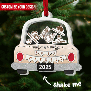 Personalized wedding car ornament featuring Mr and Mrs Just Married design and customizable elements