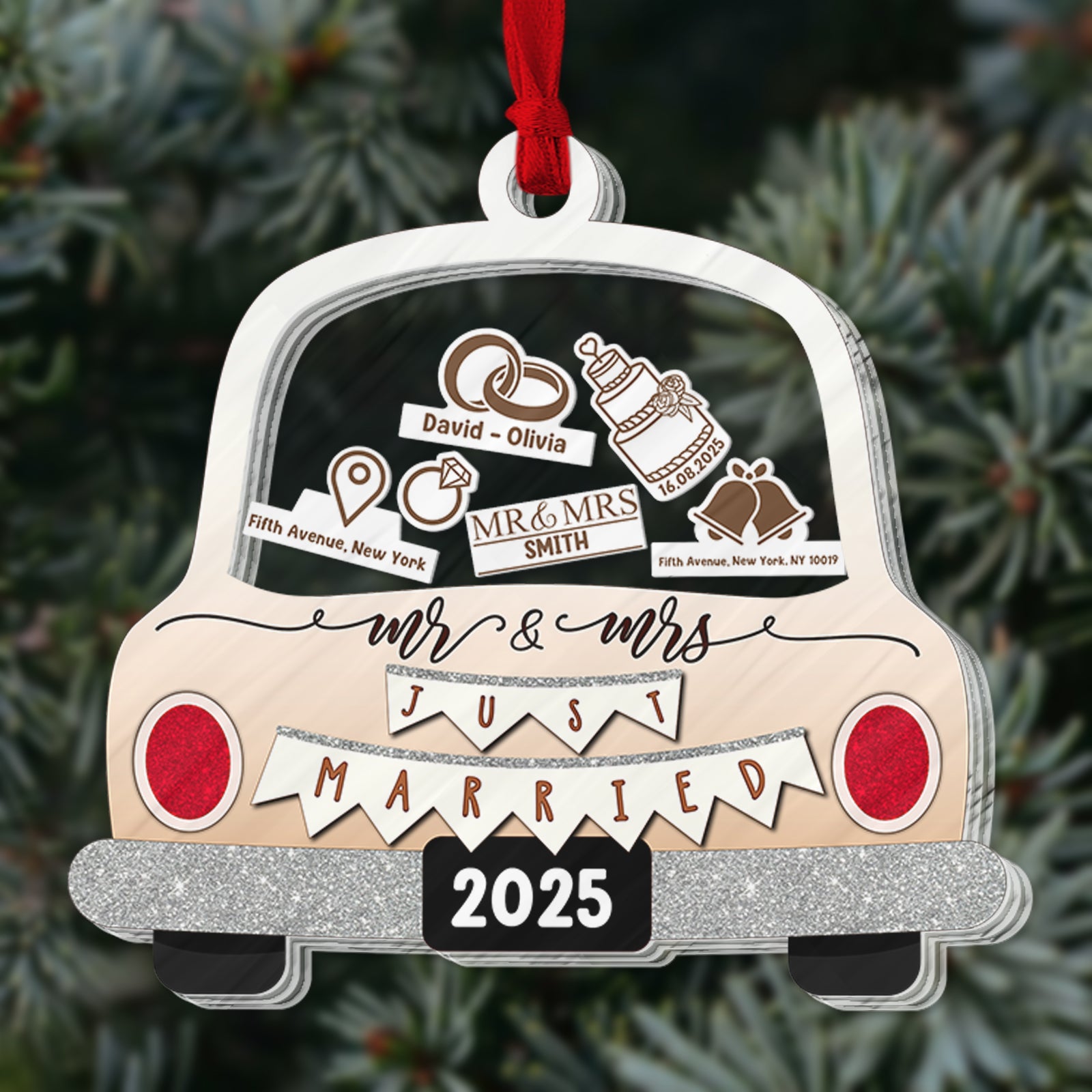 Personalized wedding car ornament featuring Mr and Mrs design with customizable details for newlyweds