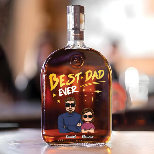 Personalized whiskey bottle gift with Best Dad Ever label and custom cartoon characters