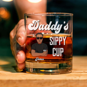 Personalized whiskey glass for dad featuring a custom design with the name James and a fun graphic
