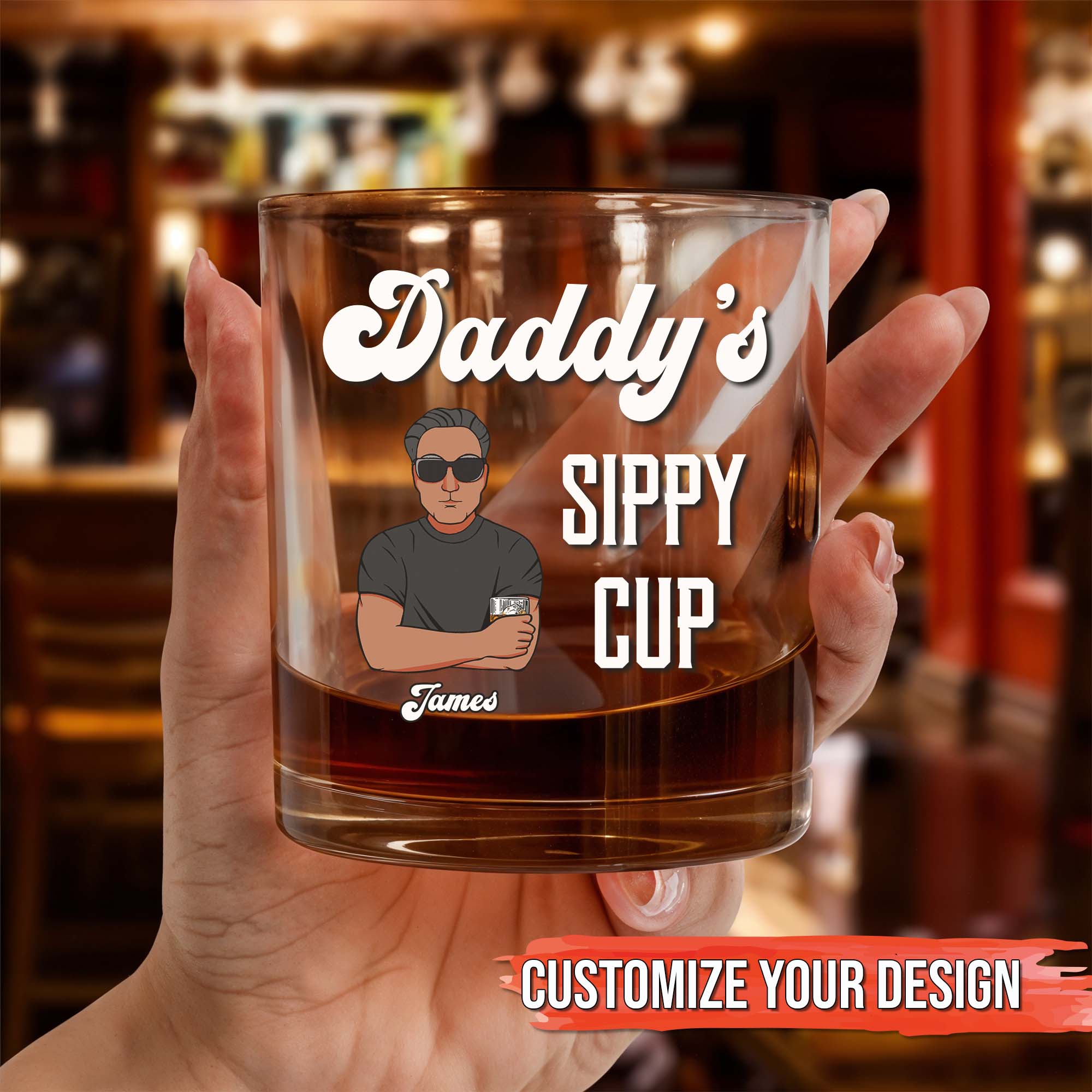 Personalized whiskey glass for dad with custom design featuring text and illustration
