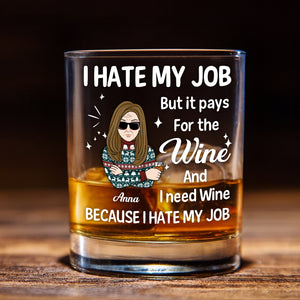 Personalized whiskey glass gift with humorous 'I Hate My Job' design for wine lovers
