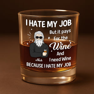 Personalized whiskey glass gift featuring humorous text about jobs and wine for a fun drinking experience