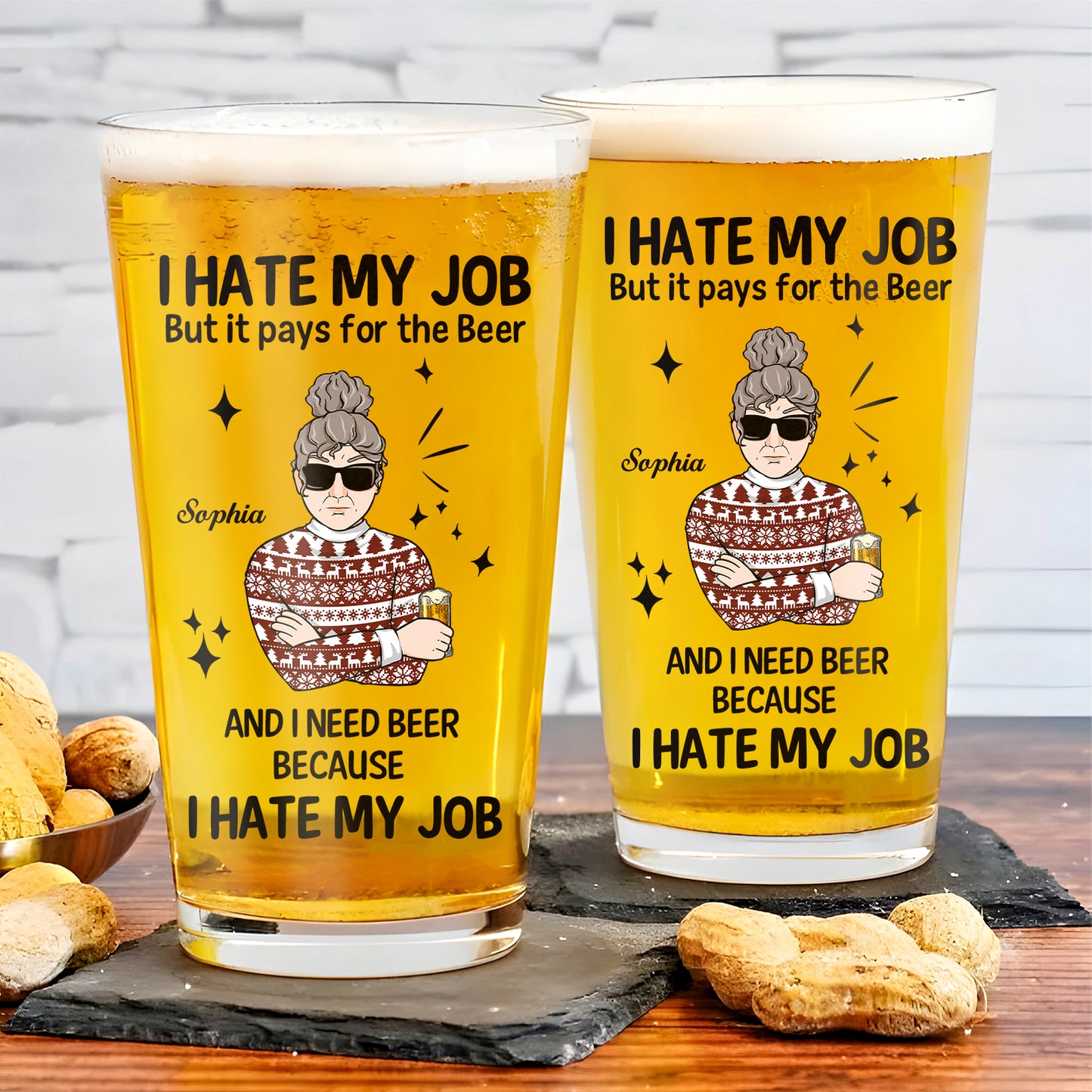 Funny personalized whiskey glass gift featuring a quirky design and text about hating your job