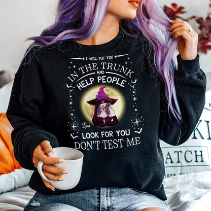 365Gifty personalized witch Halloween sweatshirt in black with purple witch graphic and text design