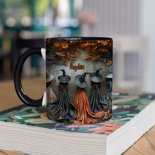 365Gifty personalized witch mug with four witches in black and orange robes and custom name Sophia