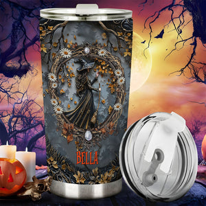 365Gifty personalized witch tumbler with witch and floral design labeled Bella, shown with clear lid and Halloween background
