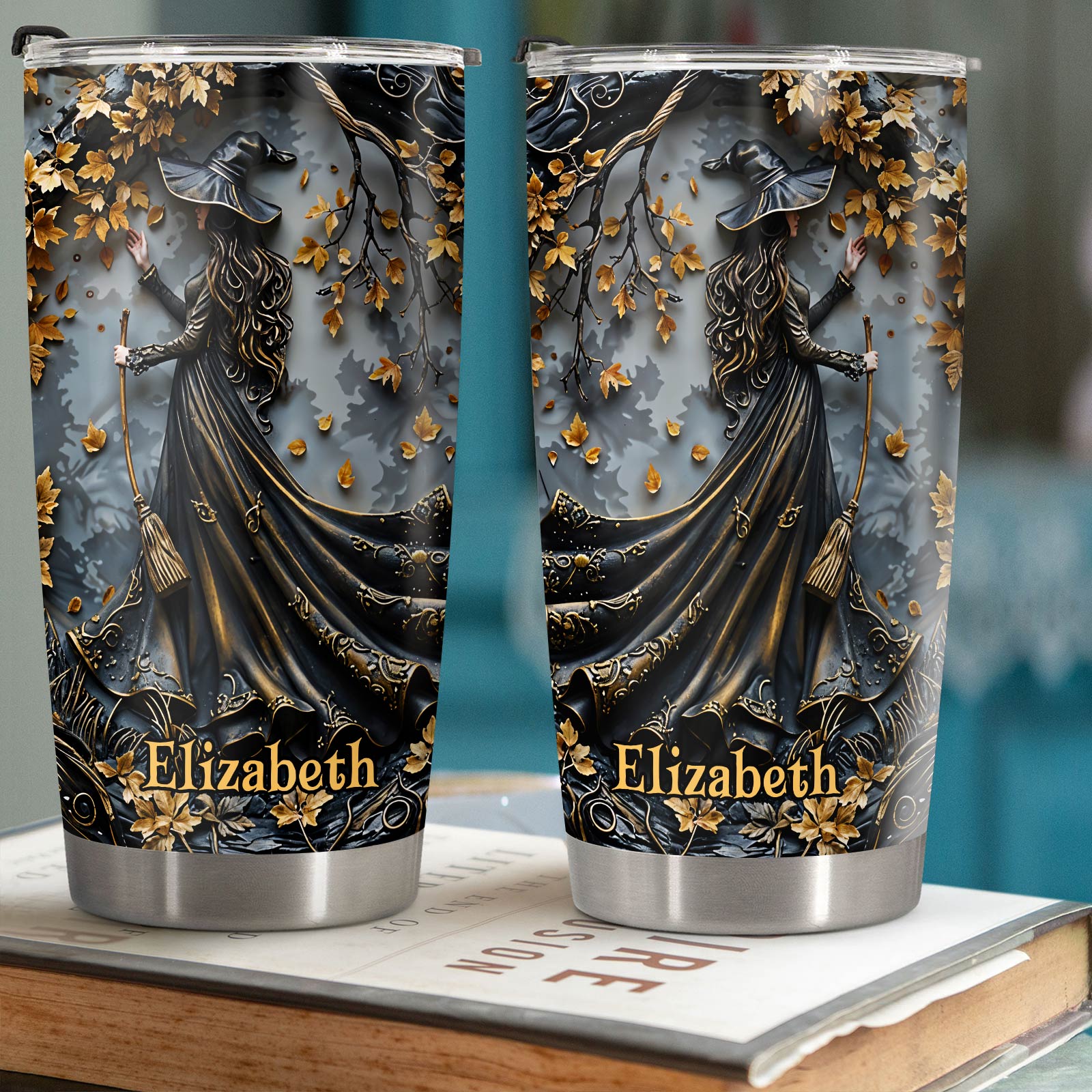 Personalized witch tumbler featuring a detailed witch illustration with gold accents and the name Elizabeth