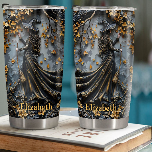 Personalized witch tumbler featuring a detailed witch illustration with gold accents and the name Elizabeth