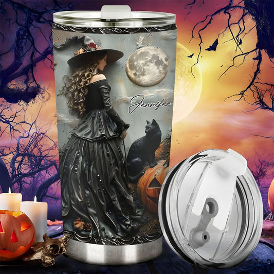 Personalized witch tumbler featuring a witch in black dress and hat with black cat under the full moon