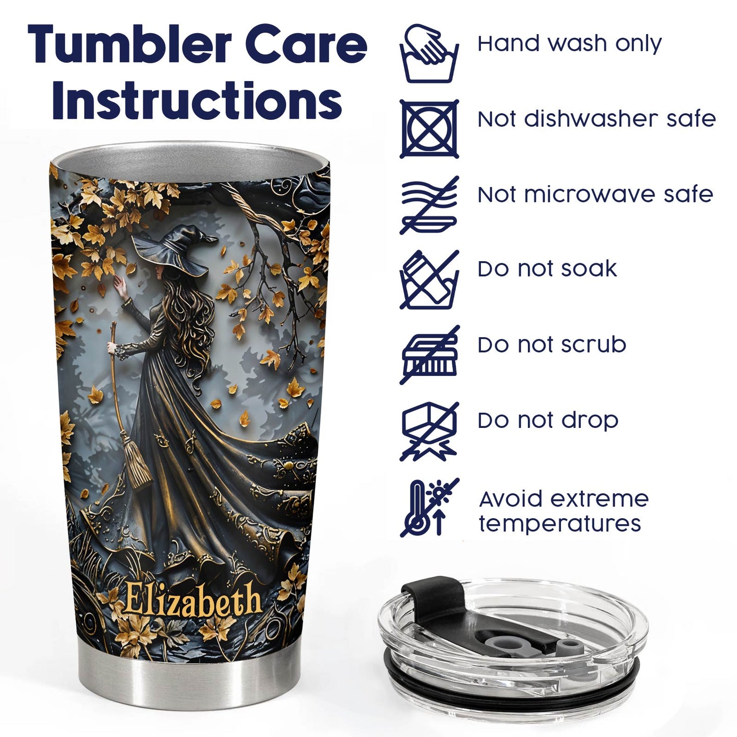 Personalized witch tumbler with dark witch design and gold leaves with care instructions
