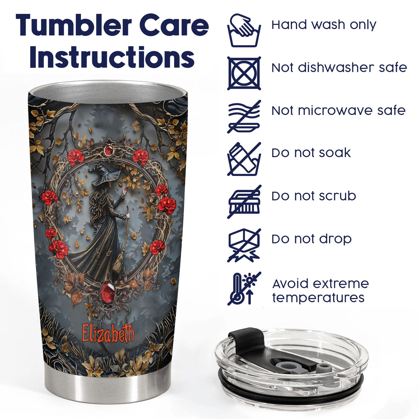 Personalized witch tumbler with dark witch design and red flowers with care instructions for hand wash only