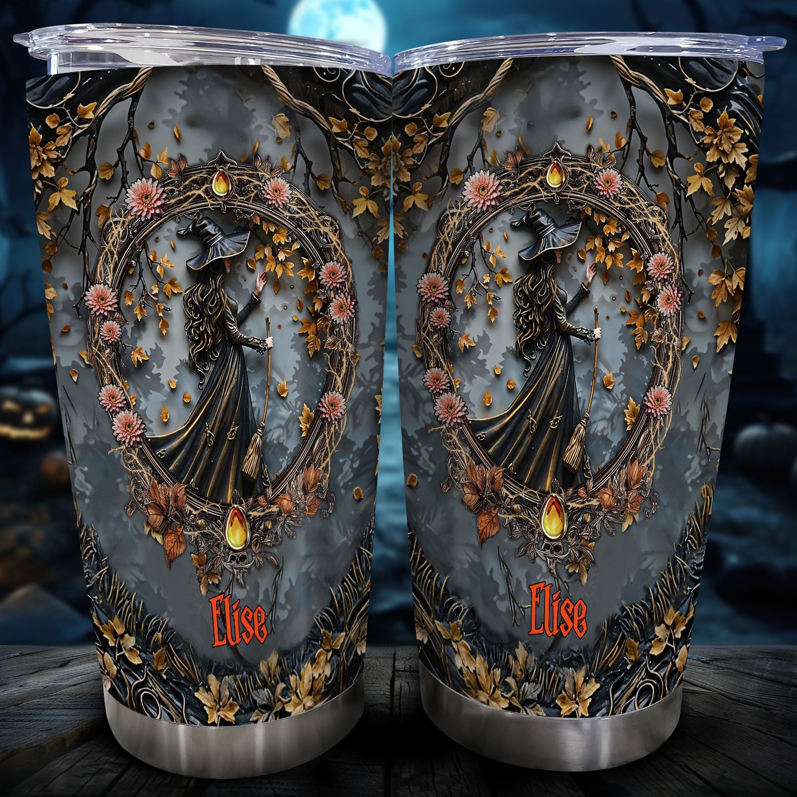 365Gifty personalized witch tumbler with autumn leaves and floral design featuring a witch silhouette and the name Elise