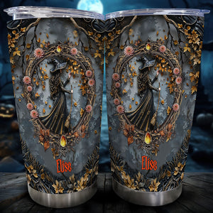 365Gifty personalized witch tumbler with autumn leaves and floral design featuring a witch silhouette and the name Elise