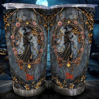 365Gifty personalized witch tumbler with autumn leaves and floral design featuring a witch silhouette and the name Elise