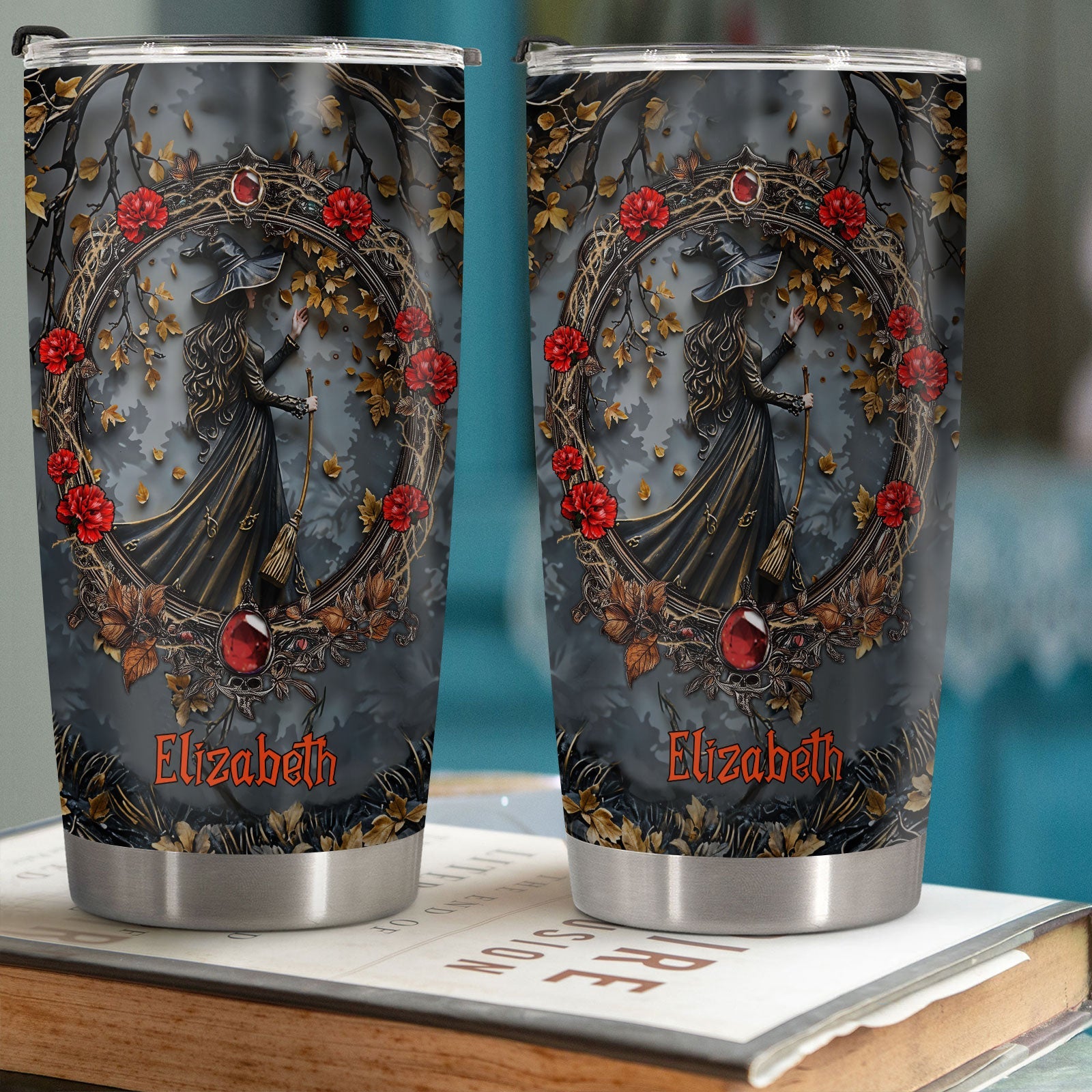 365Gifty personalized witch tumbler with witch illustration and red roses on dark background