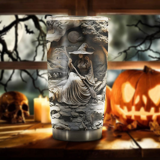 365Gifty personalized witch tumbler featuring a detailed grayscale witch design with hat and broomstick