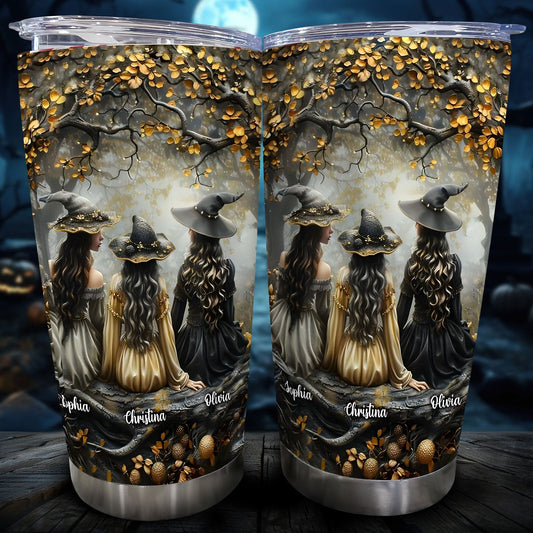 365Gifty personalized witch tumbler featuring three witches in hats under autumn trees with gold leaves and custom names