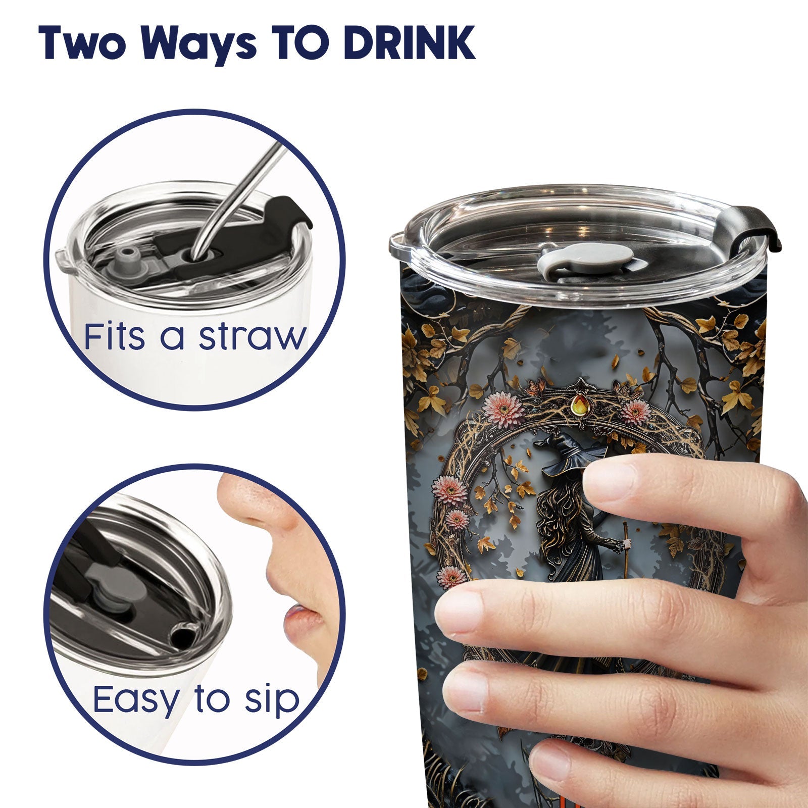 365Gifty personalized witch tumbler showing two ways to drink with straw fit and easy sip lid