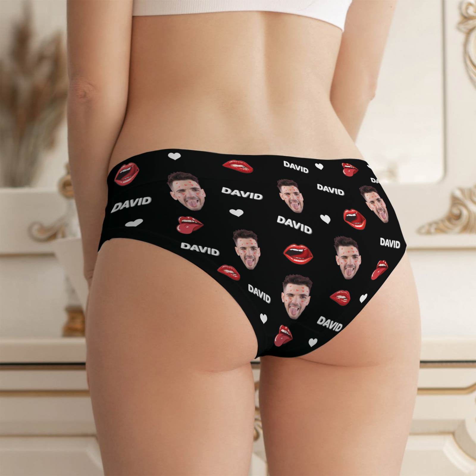 Personalized women underwear with custom prints and playful designs featuring lips and faces