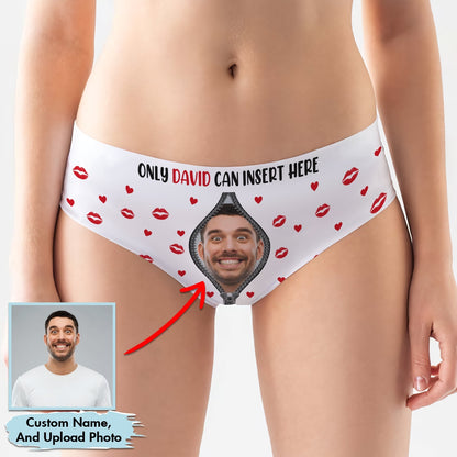 Customizable personalized women's underwear featuring a photo insert and playful lips design