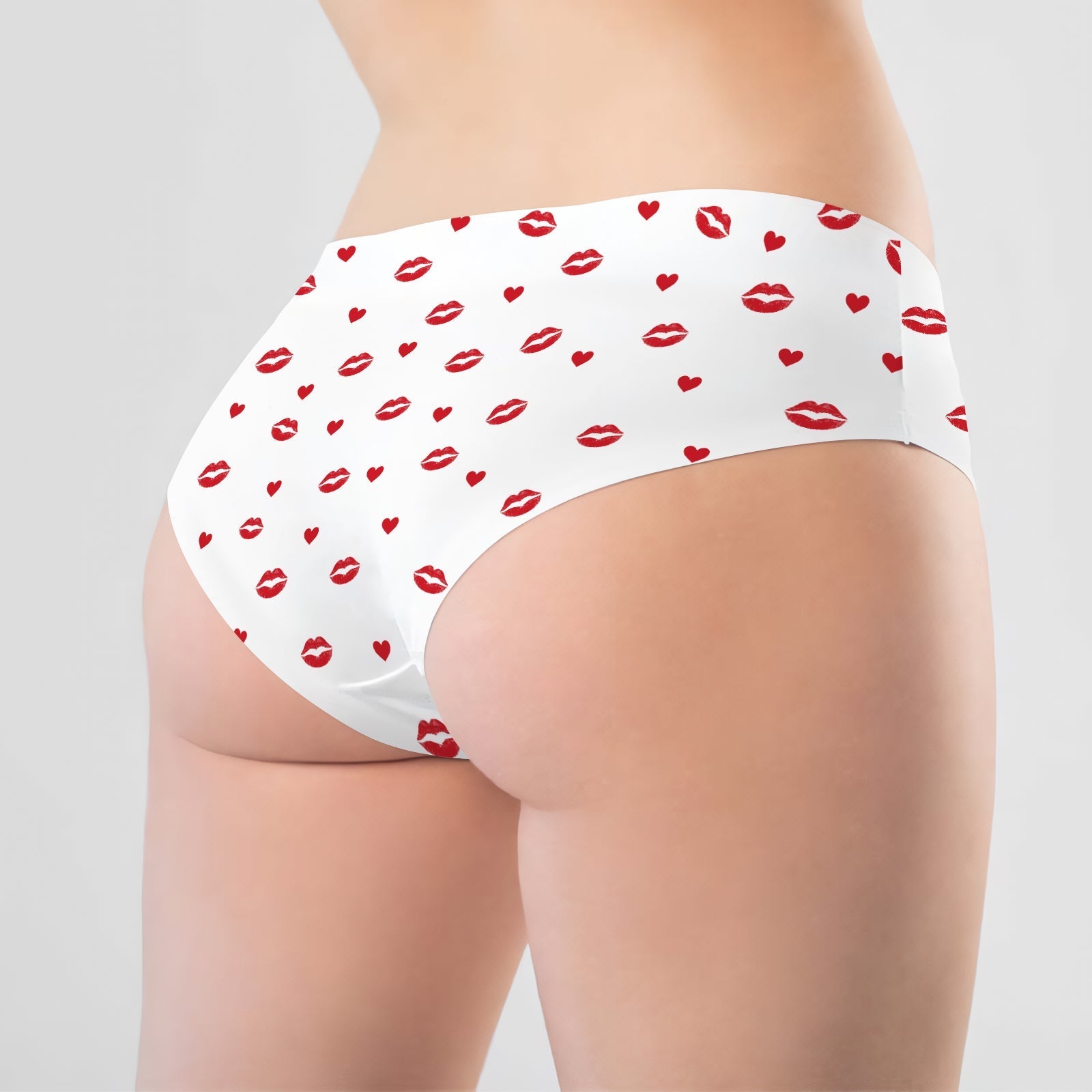 Personalized women's underwear featuring a playful red kiss print design on a white background