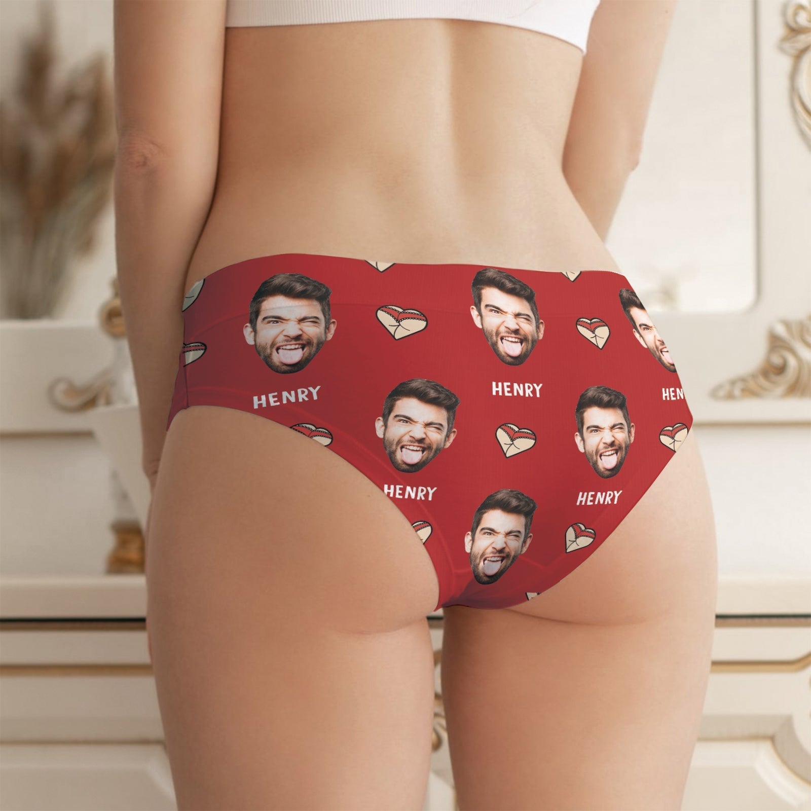 Personalized women's underwear featuring a fun design with a custom face pattern and vibrant colors