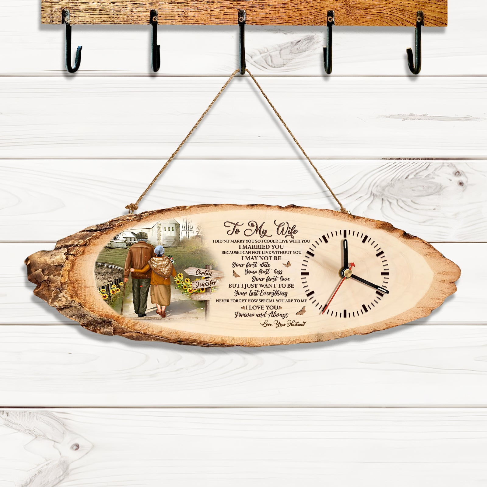 Personalized wooden clock for husband with romantic message and rustic wood slice design hanging on hook