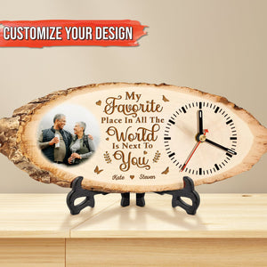 Personalized wooden couple clock with custom photo and romantic engraved message on natural wood