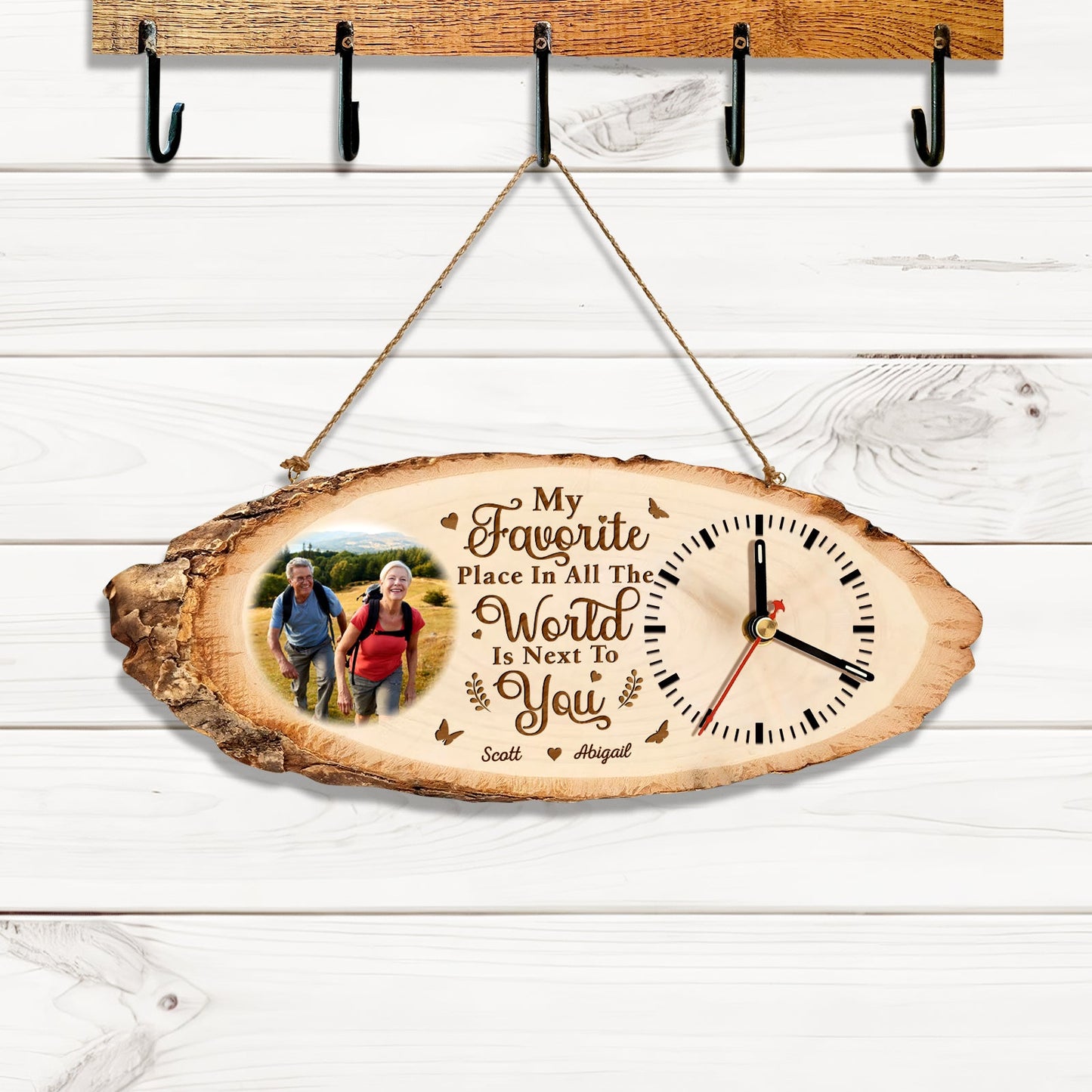 Personalized wooden couple clock with custom photo and engraved romantic quote hanging on wall