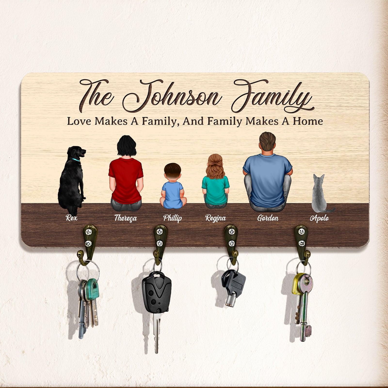 Personalized wooden key hanger featuring a family illustration and hooks for keys